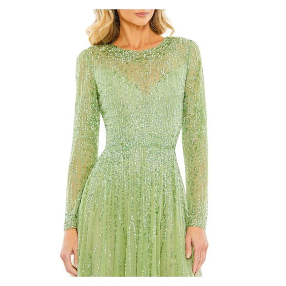 MAC DUGGAL Green Illusion High Neck Long Sleeve Embellished Gown Sage Size US 6 - Picture 15 of 16